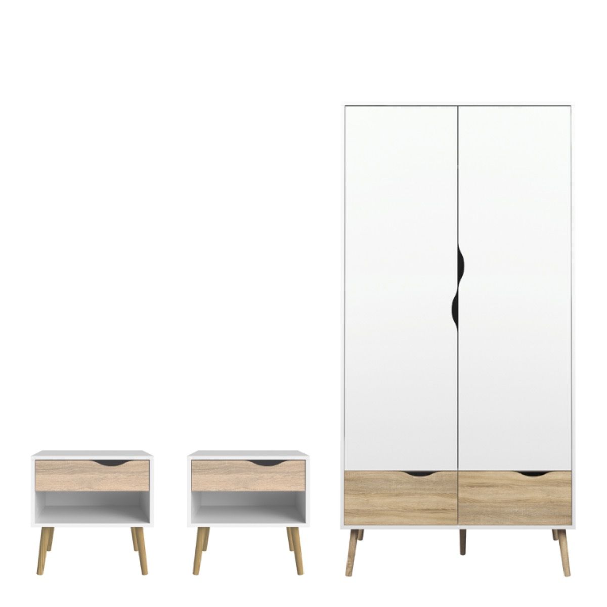 Scandinavian white and oak 3 piece bedroom furniture set including 2-door wardrobe and 2 bedside tables from the Oslo collection