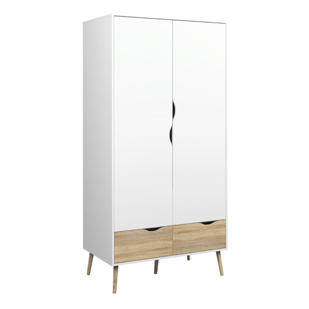 Scandinavian white and oak 3 piece bedroom furniture set including 2-door wardrobe and 2 bedside tables from the Oslo collection