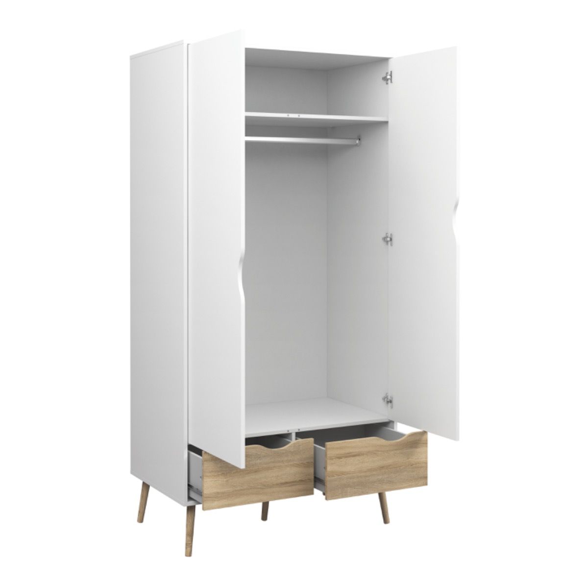 Scandinavian white and oak 3 piece bedroom furniture set including 2-door wardrobe and 2 bedside tables from the Oslo collection