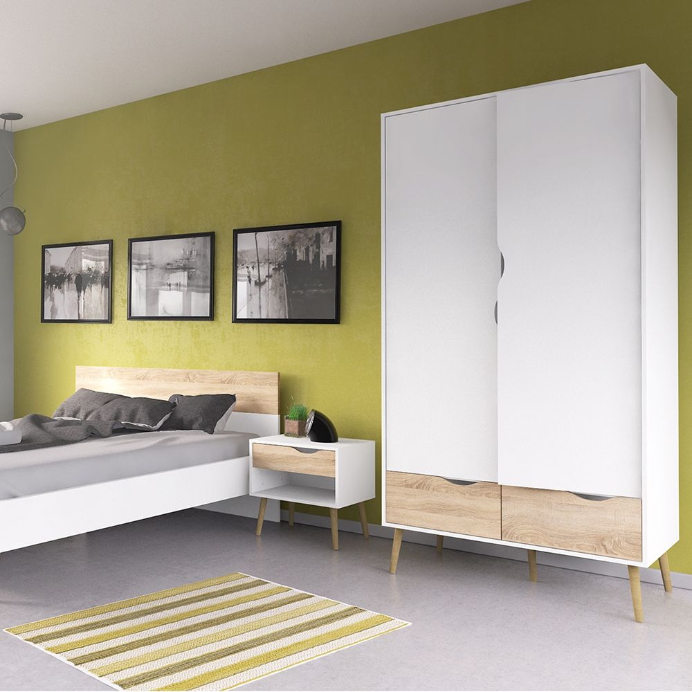 Scandinavian white and oak 3 piece bedroom furniture set including 2-door wardrobe and 2 bedside tables from the Oslo collection