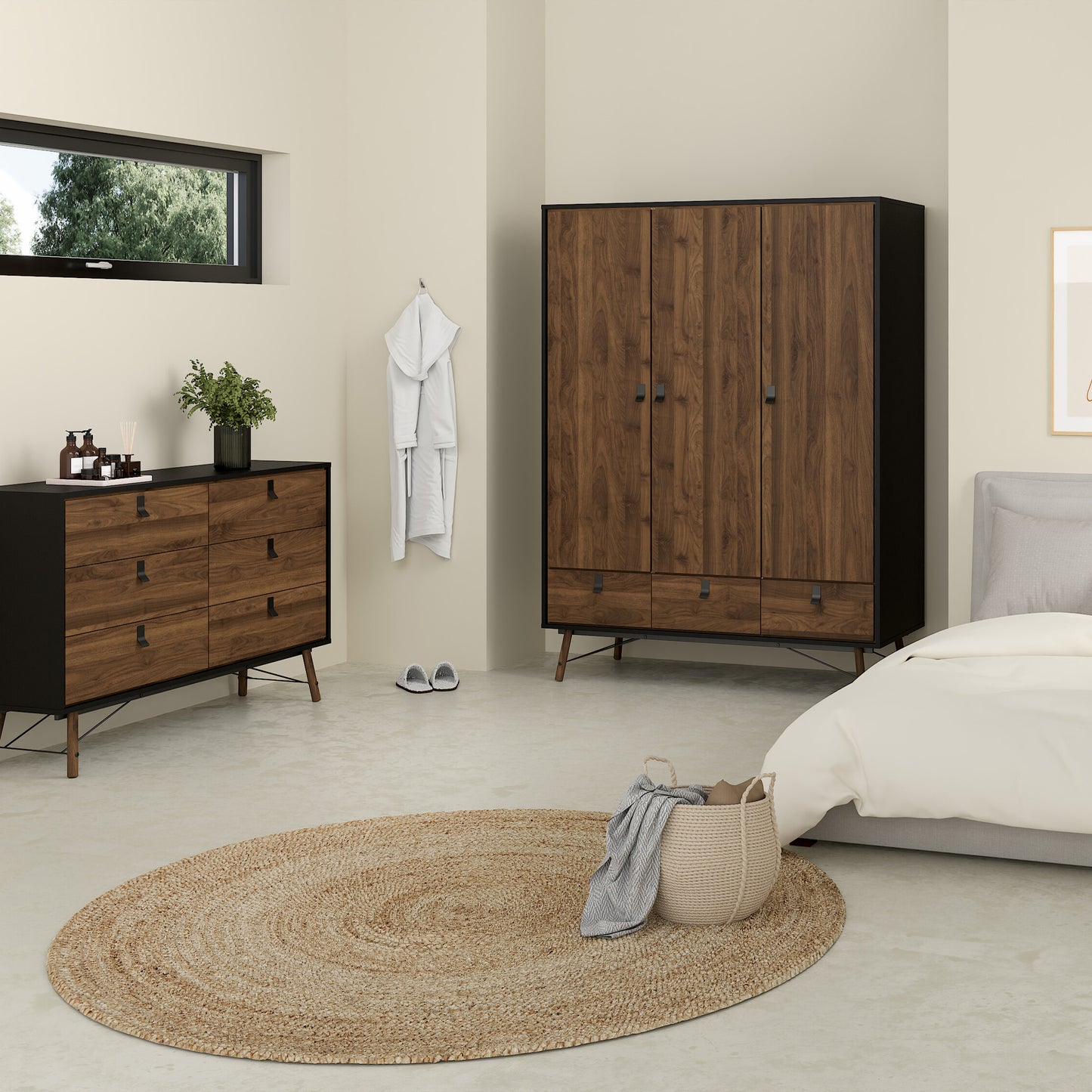 Ry 3-Piece Bedroom Furniture Set – Matt Black Walnut | Wardrobe, Chest & Bedside Cabinet