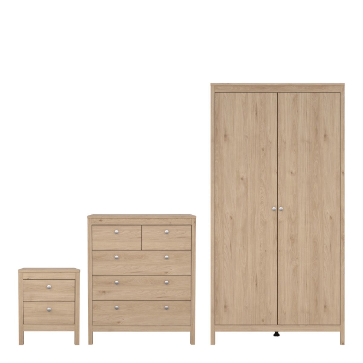 Madrid Bedroom Furniture Set in Jackson Hickory Oak – 2 Door Wardrobe, 5 Drawer Chest & 2 Drawer Bedside Table
