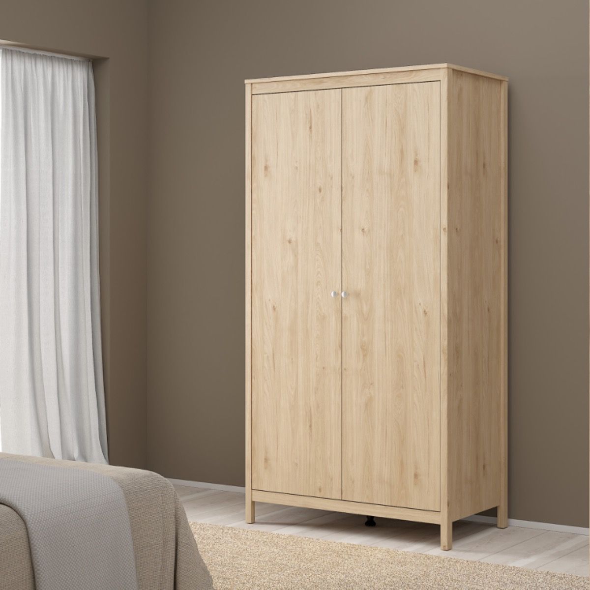 Madrid 3-piece bedroom furniture set in Jackson Hickory Oak including 2-door wardrobe, 5-drawer chest and 2-drawer bedside table with silver handles.