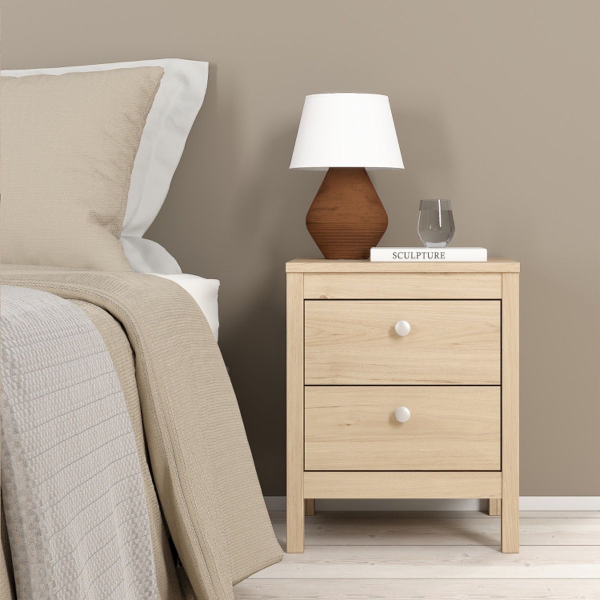 Madrid Bedroom Furniture Set in Jackson Hickory Oak – 2 Door Wardrobe, 5 Drawer Chest & 2 Drawer Bedside Table