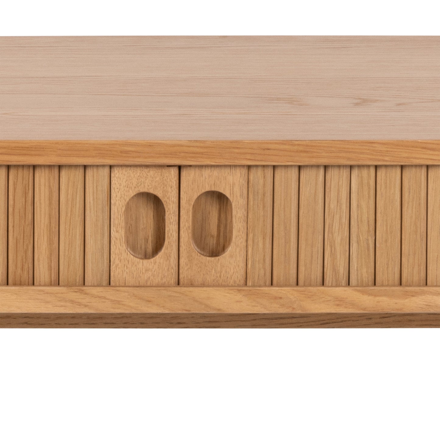 Langley ribbed oak TV unit with sliding tambour doors and rounded edges – modern media cabinet with Scandinavian design