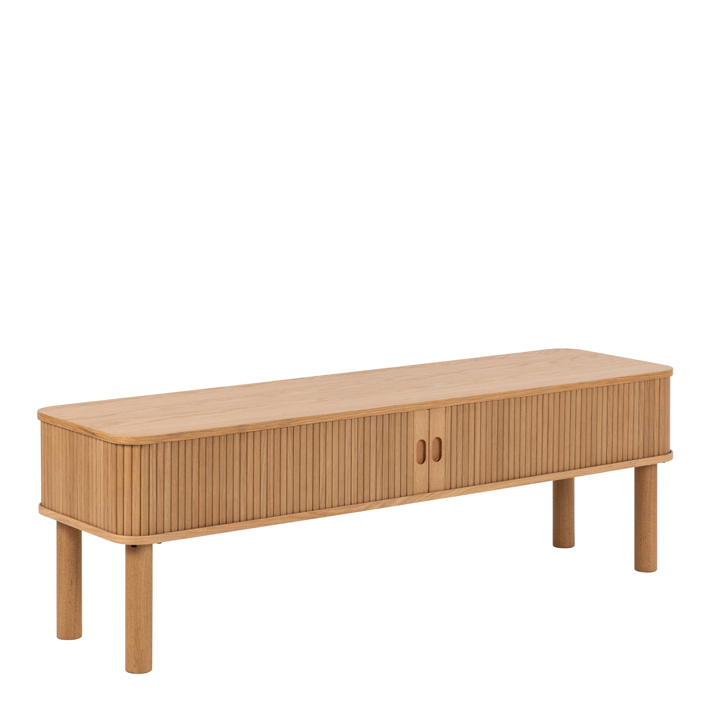 Oak coffee table with slatted tambour-style sliding doors, rounded corners, and open middle compartment, designed in a modern Scandinavian style.