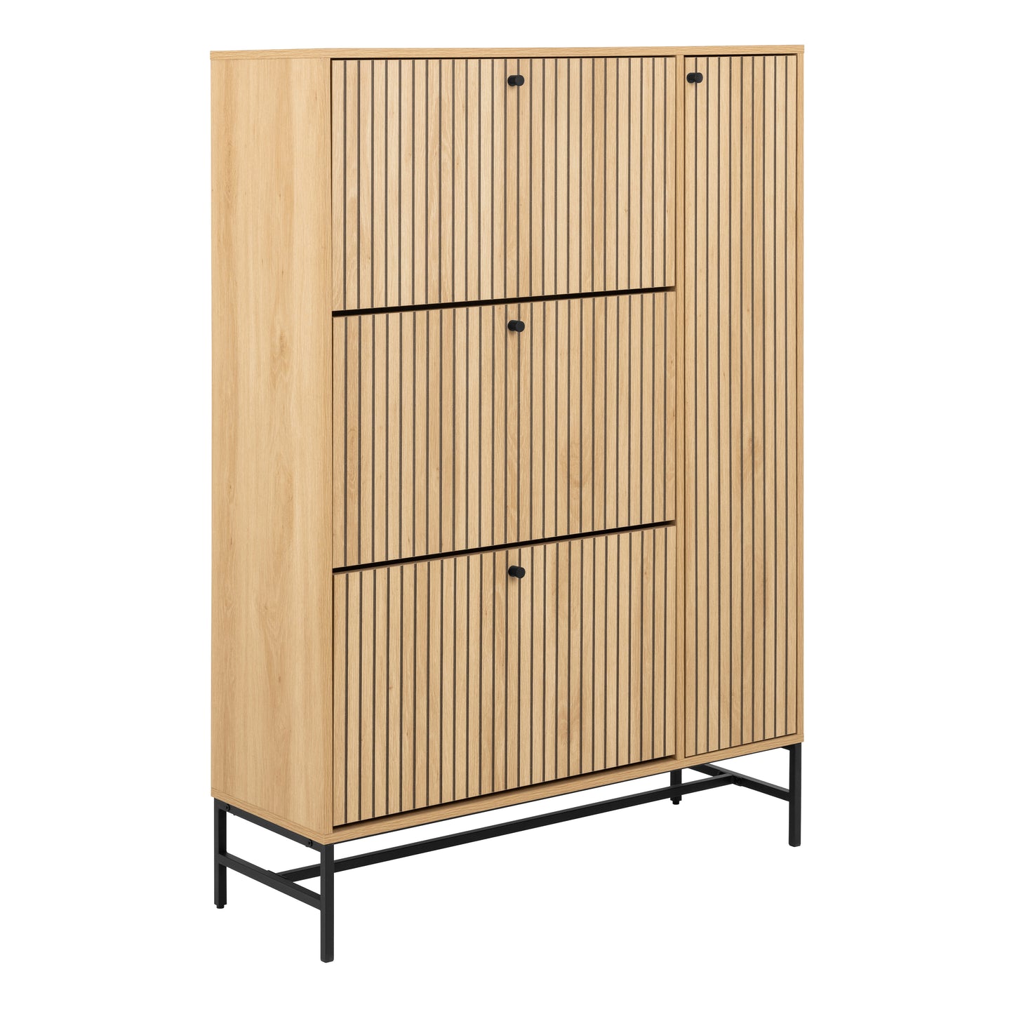 Albany Shoe Cabinet – 3 Flip Doors & 1 Side Door in Oak with Black Metal Base