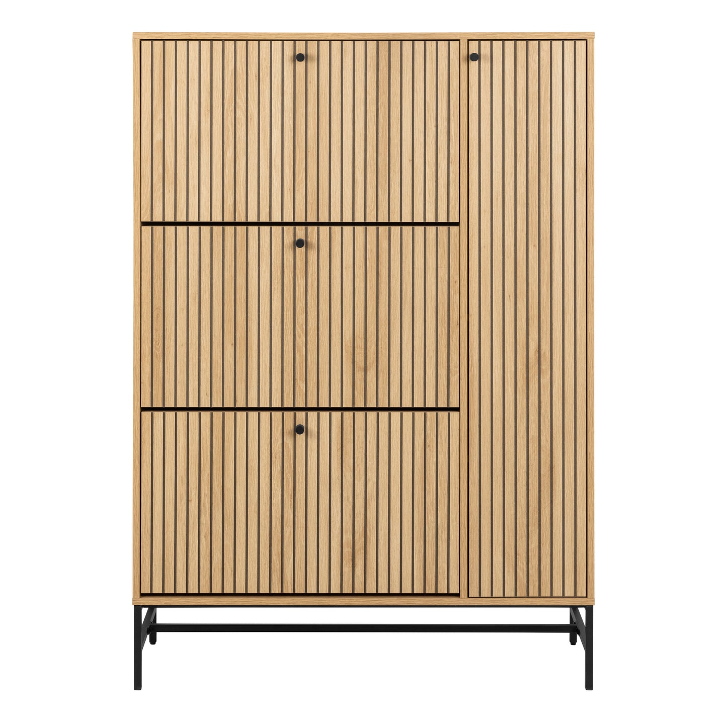 Modern oak shoe cabinet with black metal base, featuring 3 flip-down shoe compartments and a side cabinet with internal shelves, styled in a Scandinavian hallway.
