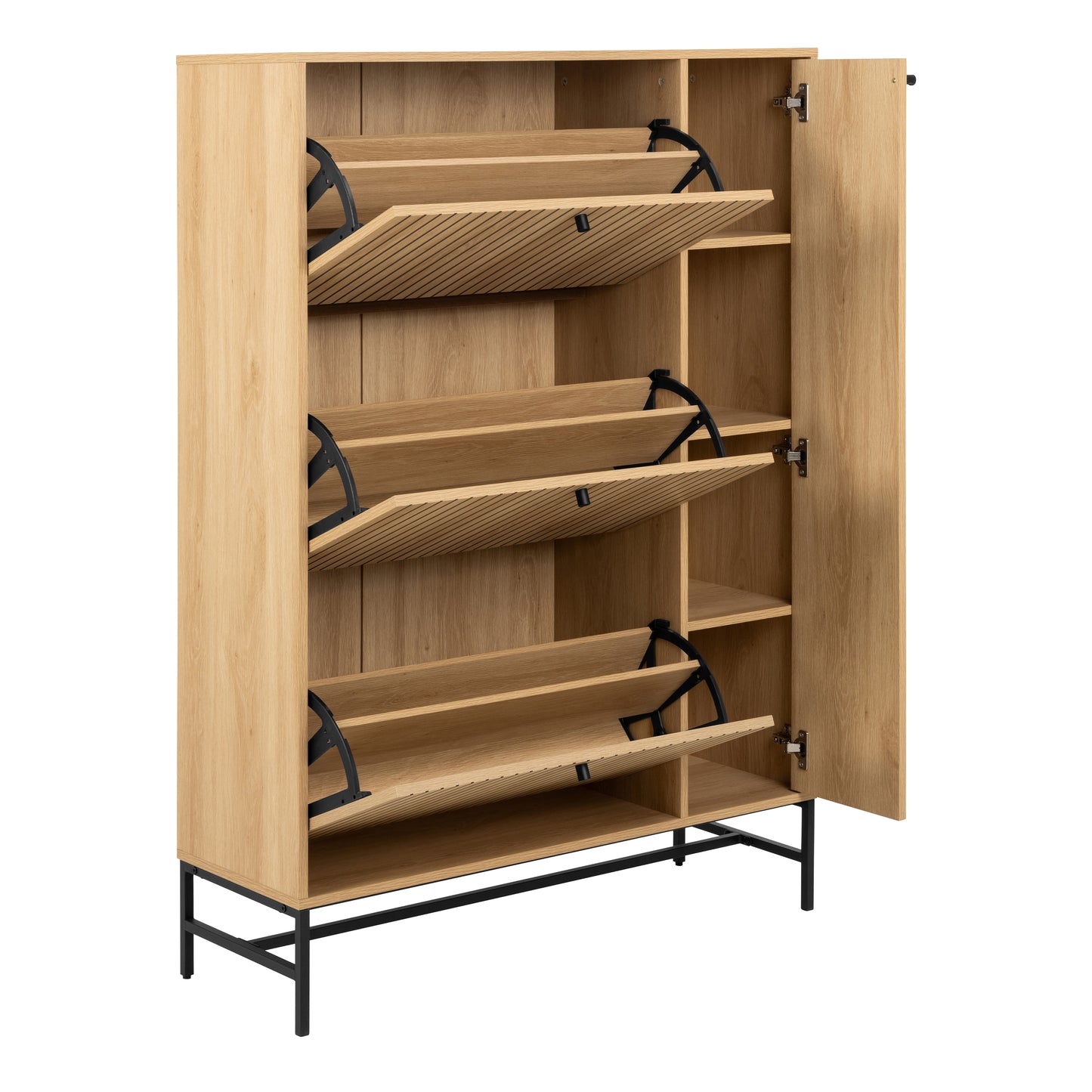 Albany Shoe Cabinet – 3 Flip Doors & 1 Side Door in Oak with Black Metal Base
