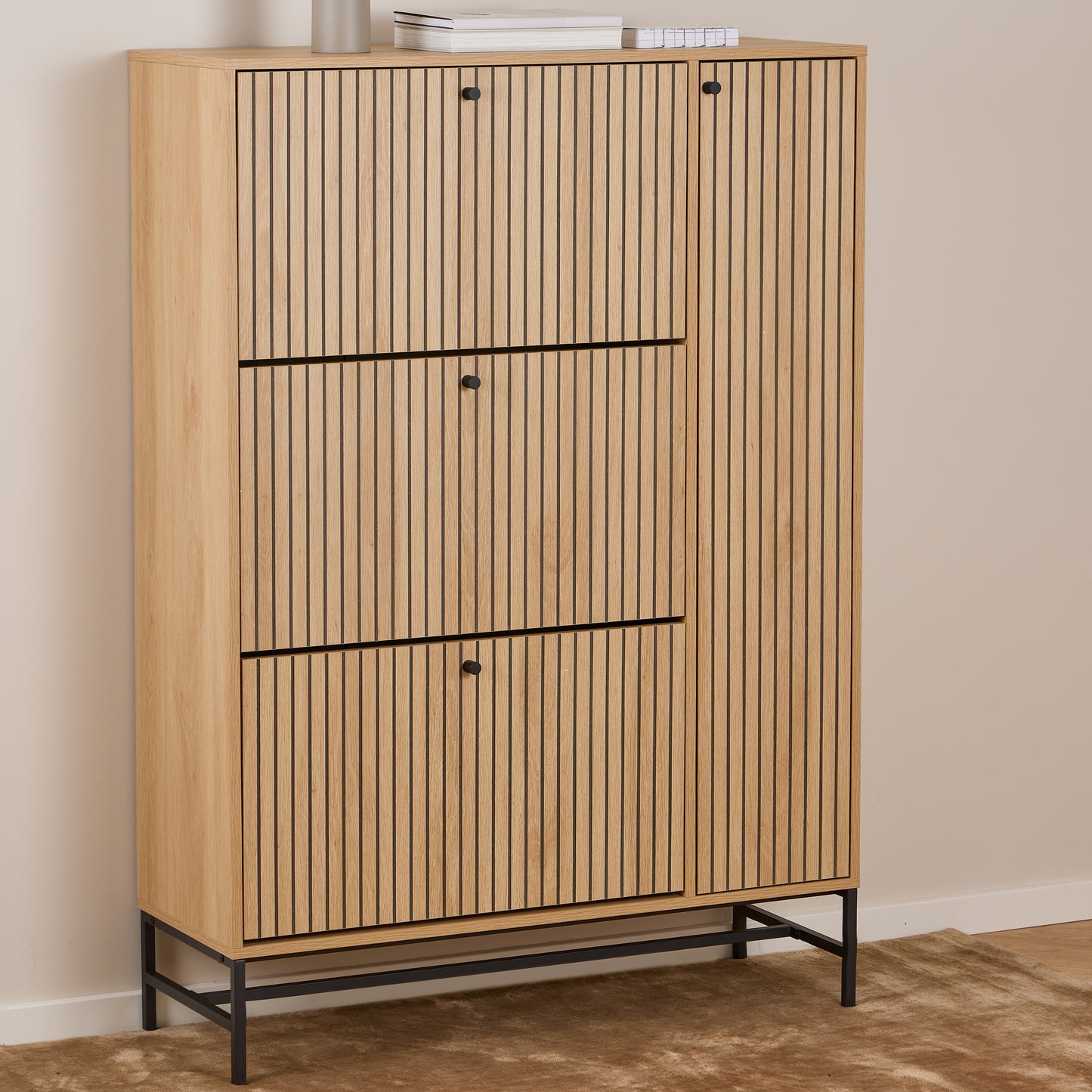 Albany Shoe Cabinet – 3 Flip Doors & 1 Side Door in Oak with Black Metal Base