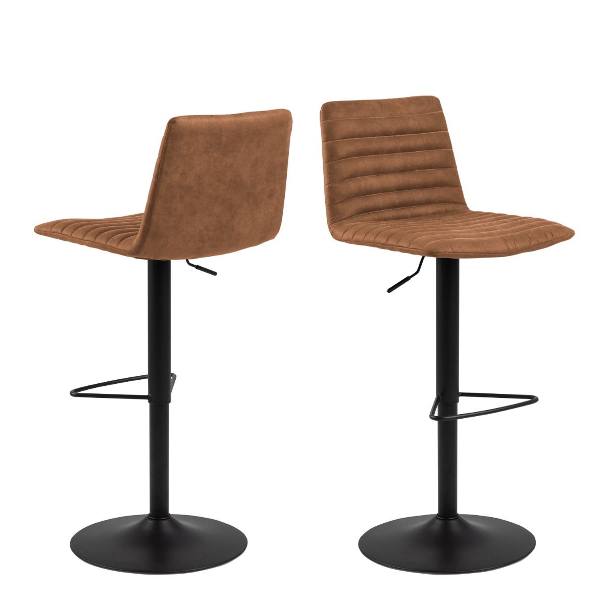 Kimmy Bar Stools Set of 2 – Brown Fabric with Swivel & Gas Lift | Industrial Style with Black Steel Base