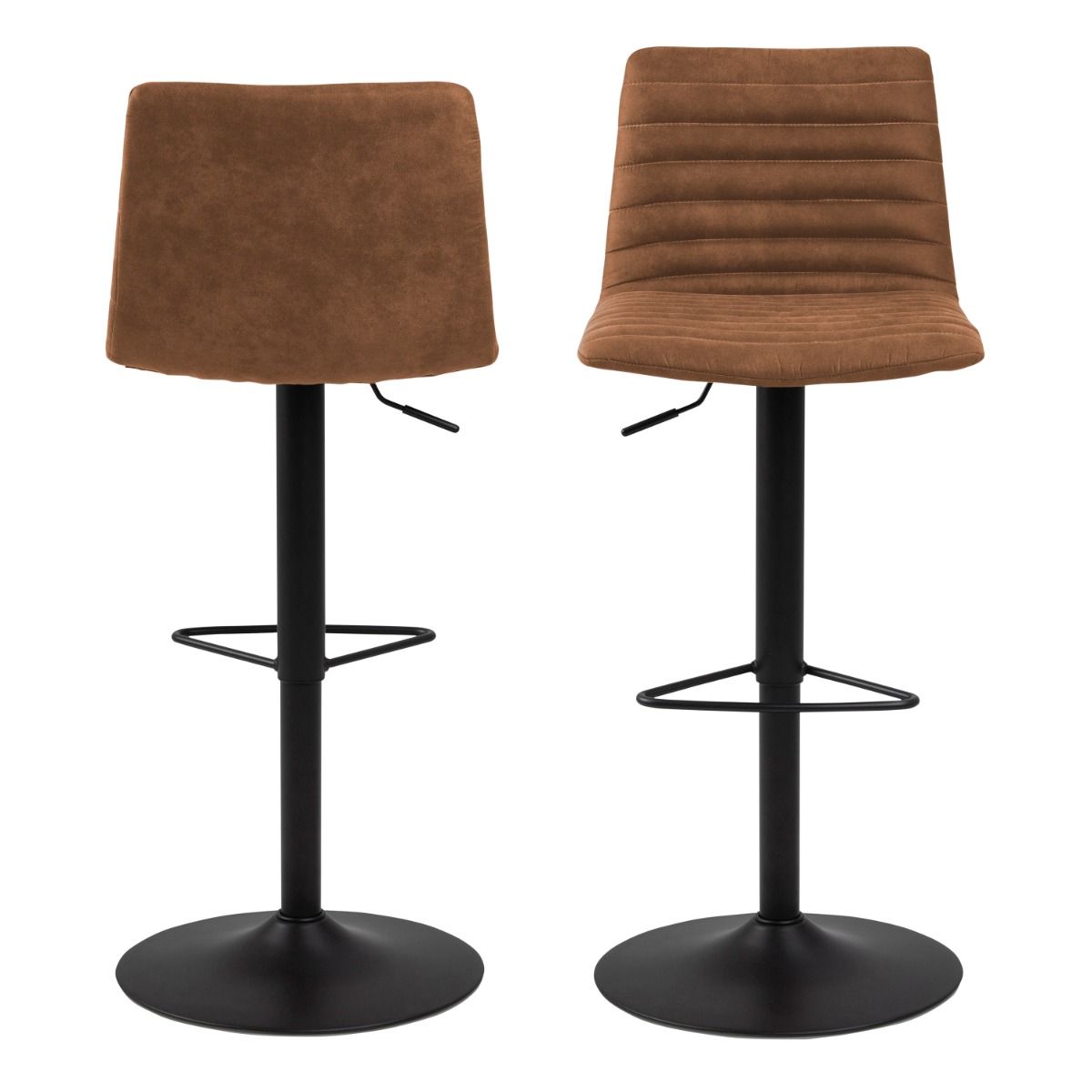 Kimmy bar stools in brown camel fabric with black steel base, featuring swivel, footrest and adjustable gas lift height – set of 2.