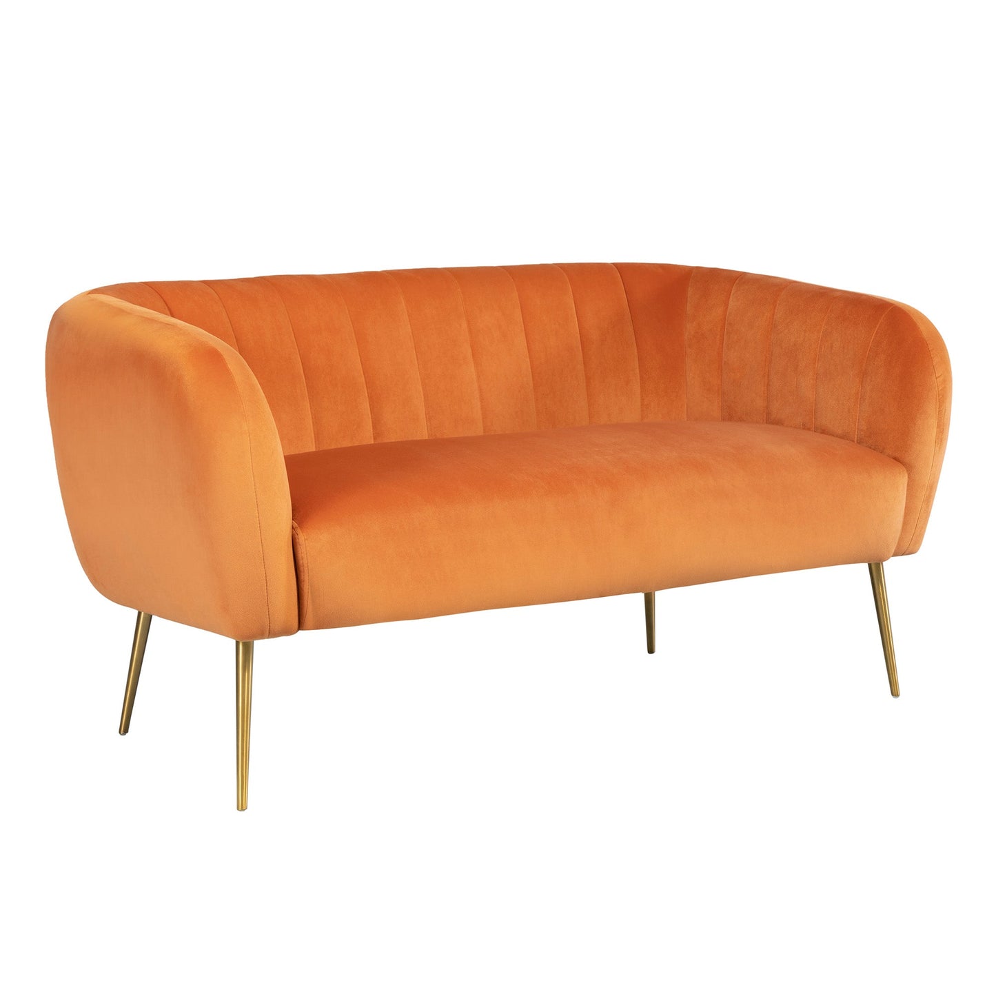 Modern Orange velvet 2-seater sofa with vertical channel tufting and slim gold metal legs – stylish compact seating