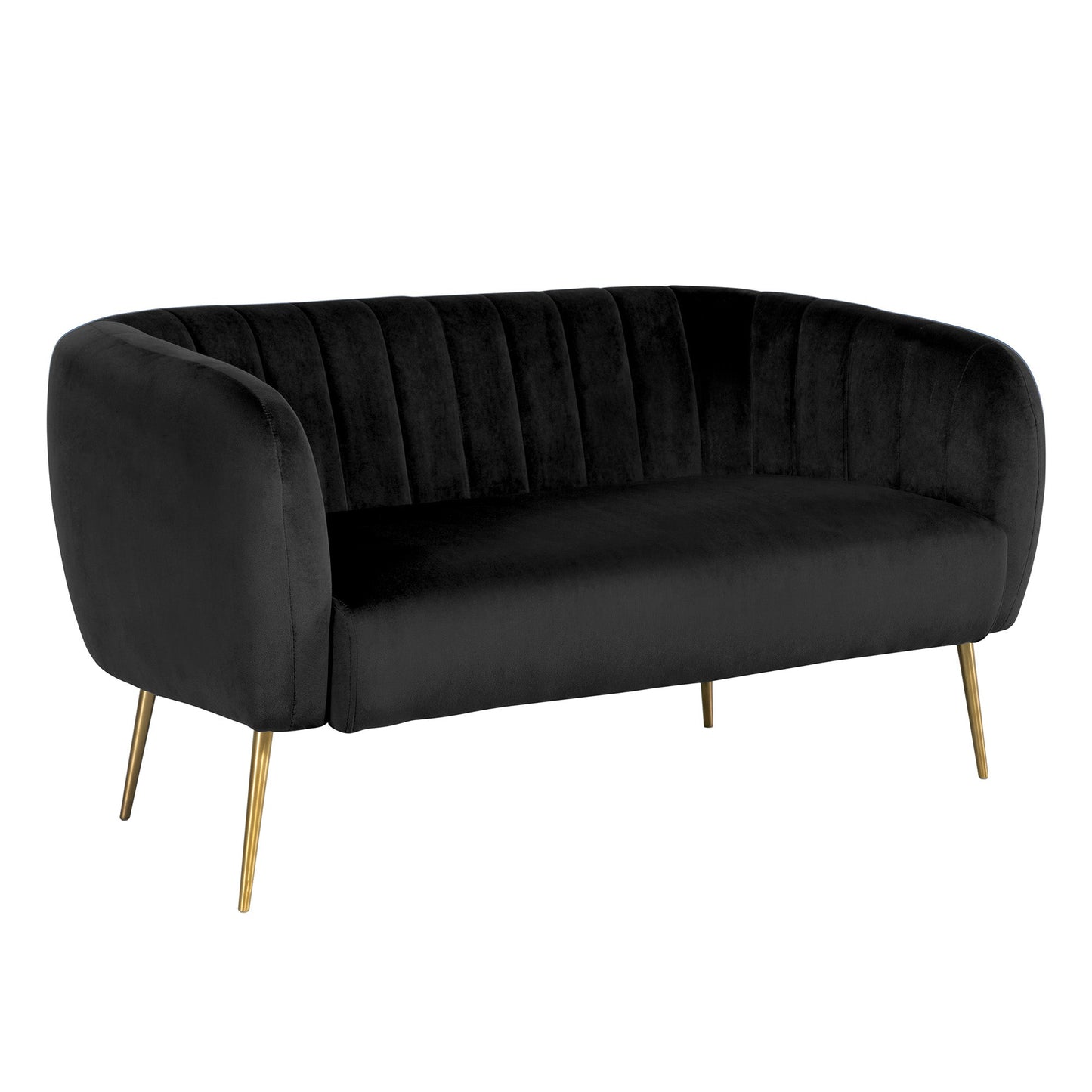 Modern black velvet 2-seater sofa with vertical channel tufting and slim gold metal legs – stylish compact seating