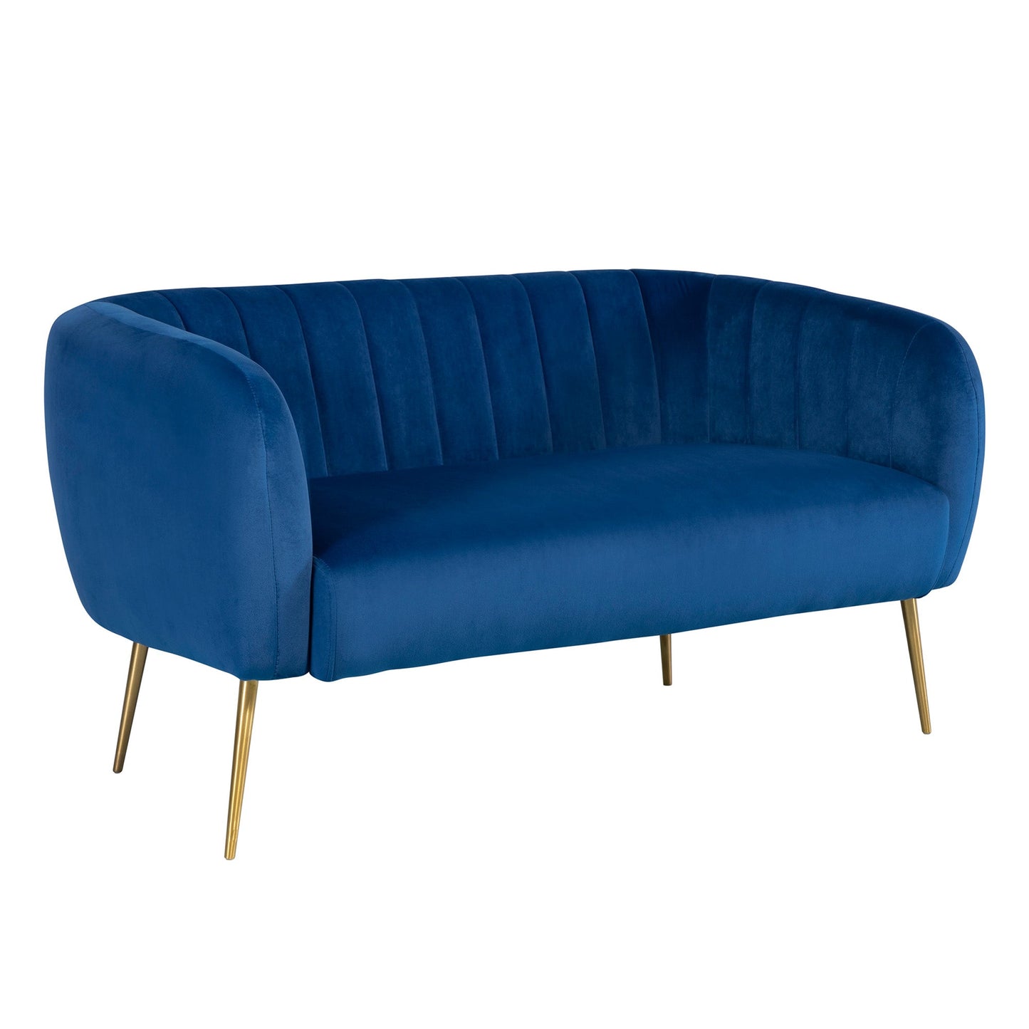 Modern teal velvet 2-seater sofa with vertical channel tufting and slim gold metal legs – stylish compact seating