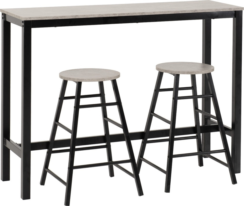 Athens breakfast bar set in concrete effect with black metal frame – compact dining table with 2 stools