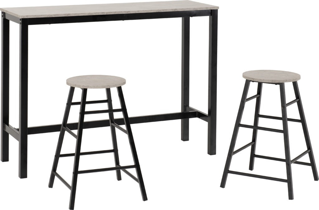 Athens breakfast bar set in concrete effect with black metal frame – compact dining table with 2 stools