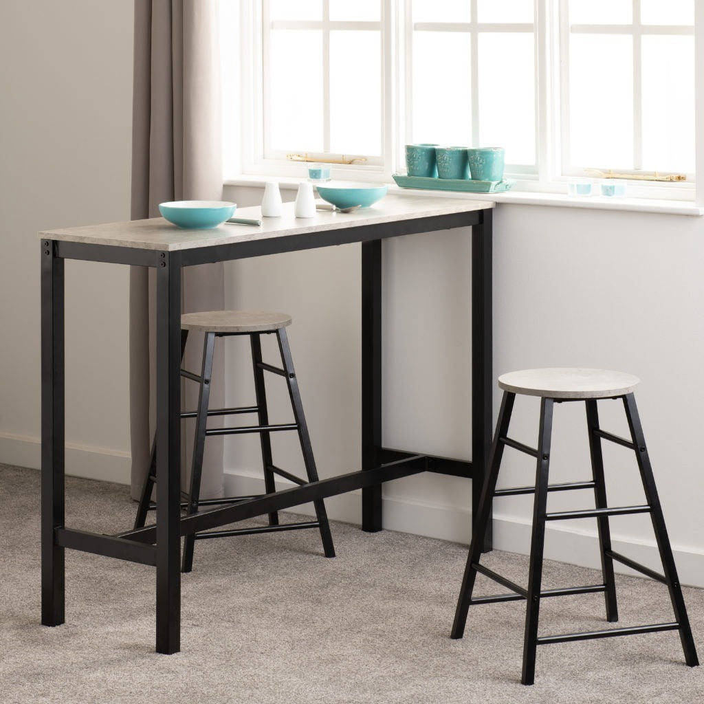 Athens breakfast bar set in concrete effect with black metal frame – compact dining table with 2 stools