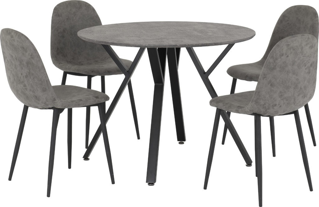 Athens round dining table with concrete effect top and 4 grey faux leather chairs – modern dining set with black metal legs