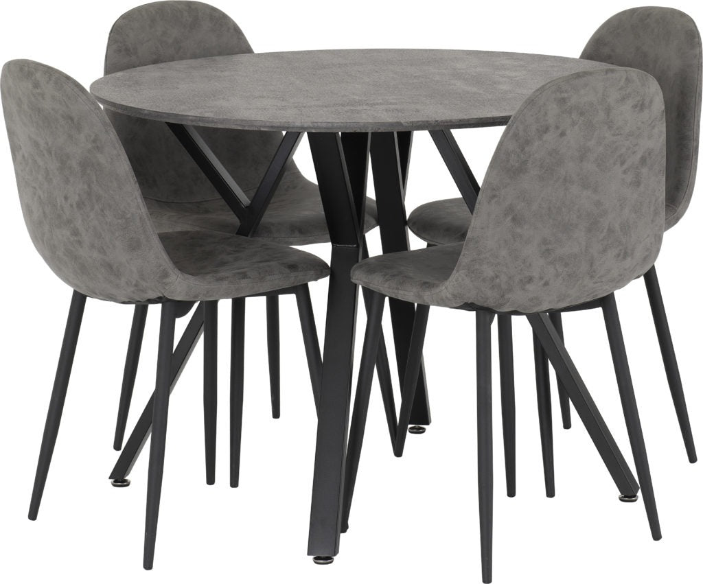 Athens round dining table with concrete effect top and 4 grey faux leather chairs – modern dining set with black metal legs