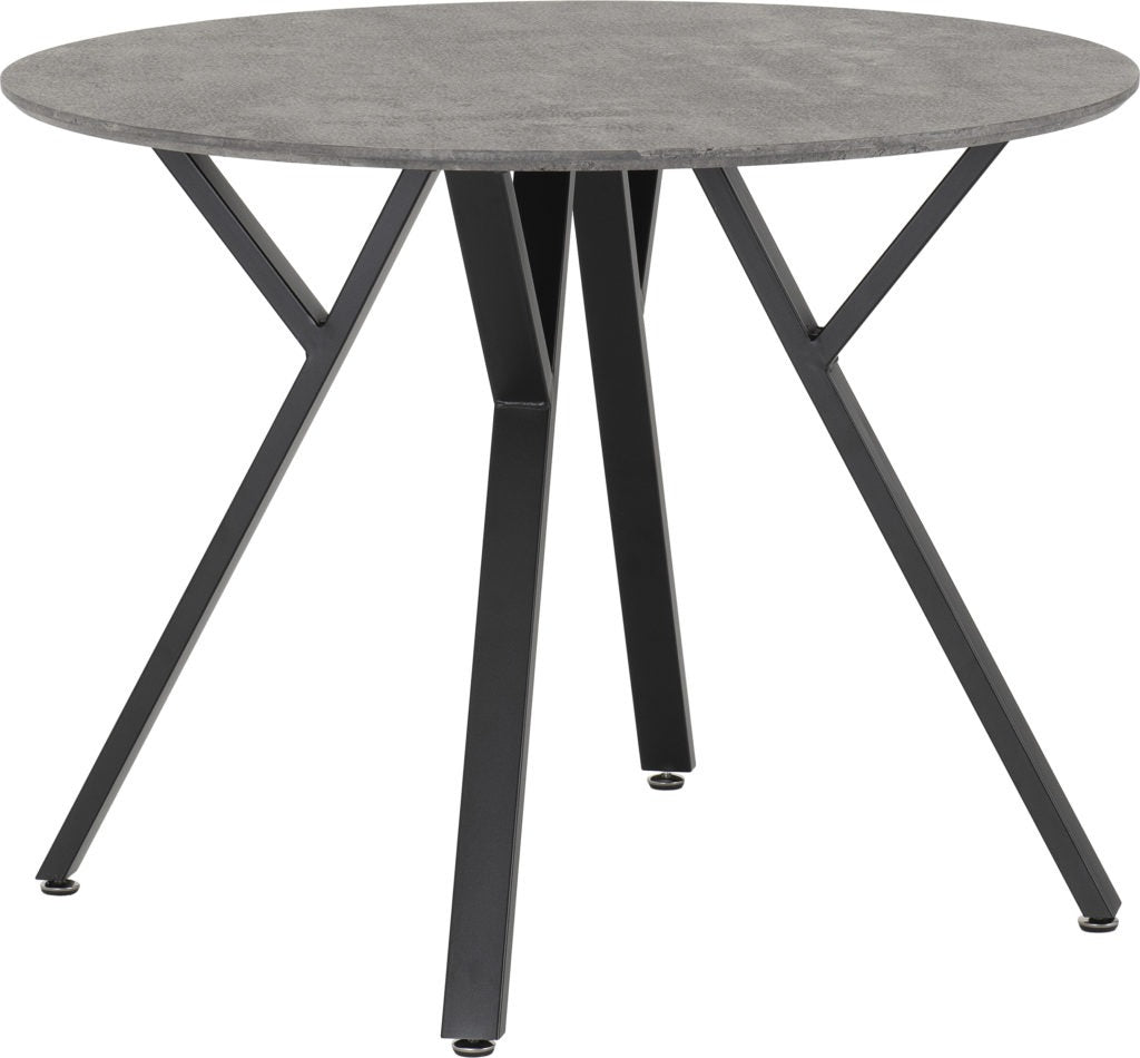 Athens round dining table with concrete effect top and 4 grey faux leather chairs – modern dining set with black metal legs