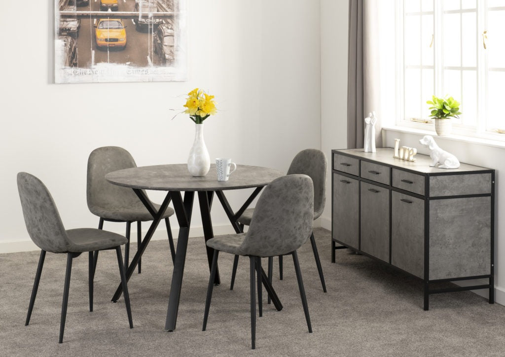 Athens round dining table with concrete effect top and 4 grey faux leather chairs – modern dining set with black metal legs