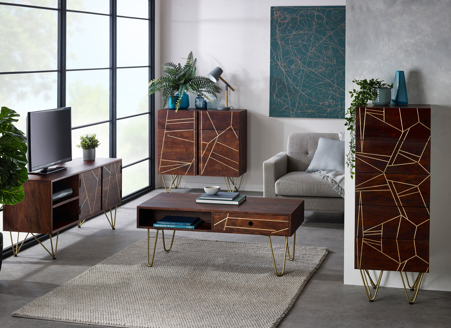 Modern living room with wooden furniture, TV, and decor