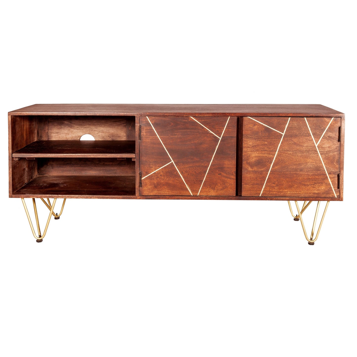 Wooden entertainment console with geometric design and gold legs on a white background