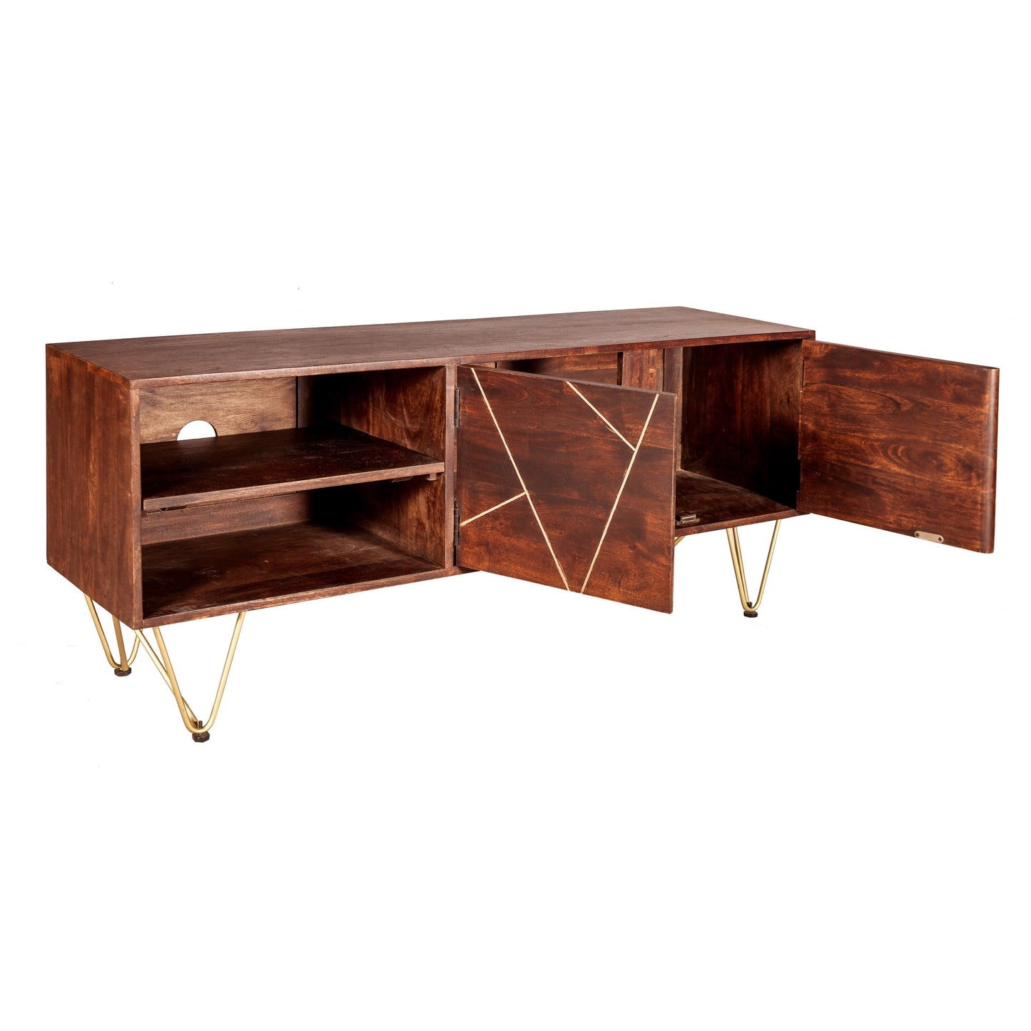 Dark Gold TV unit with sleek dark wood body, gold inlay, and open shelving styled in modern living room.