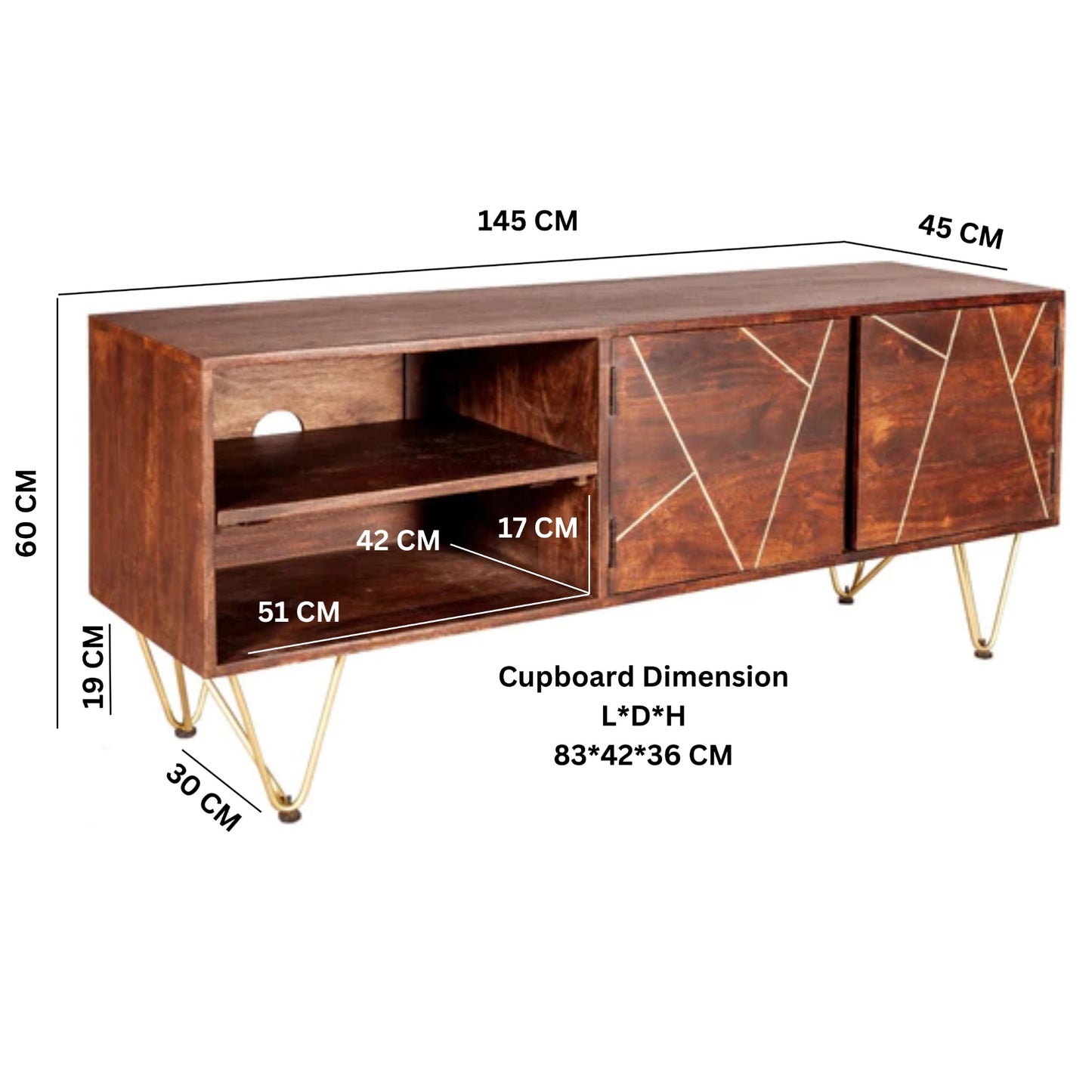 Wooden cabinet with geometric design and dimensions labeled on a white background