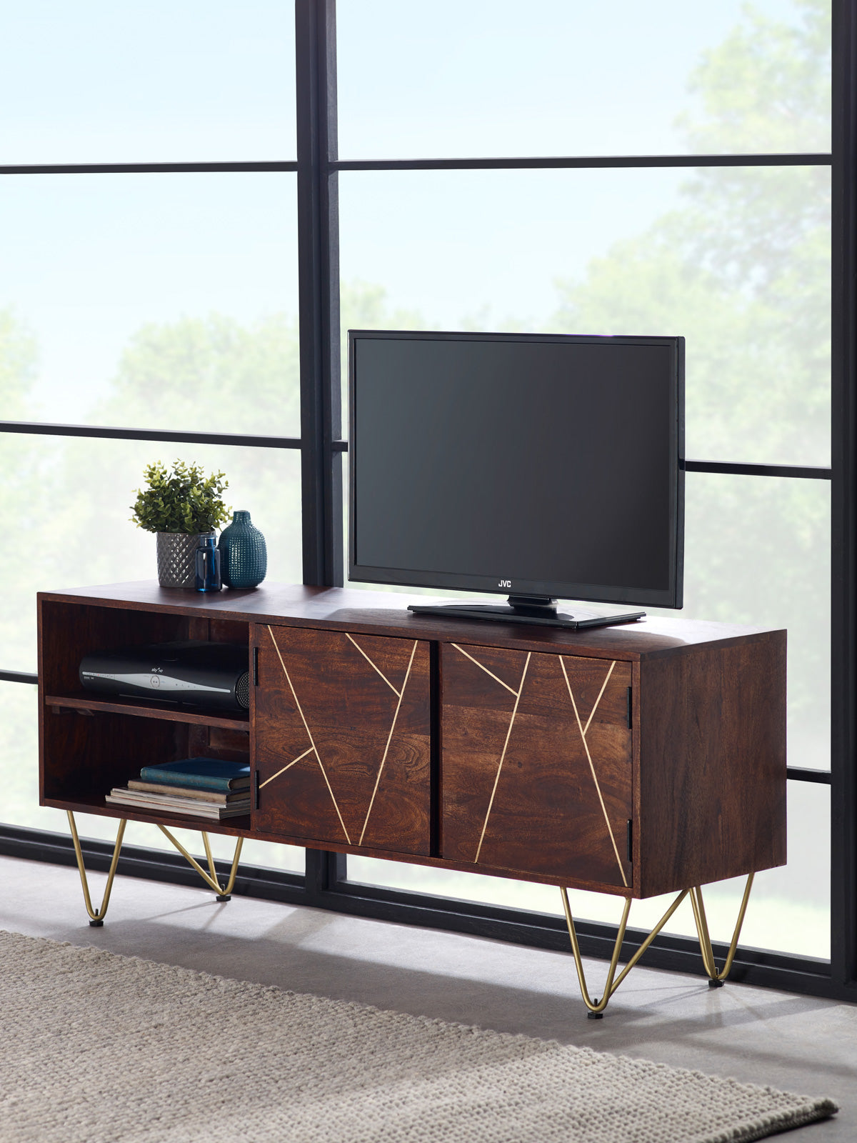 Dark Gold TV unit with sleek dark wood body, gold inlay, and open shelving styled in modern living room.