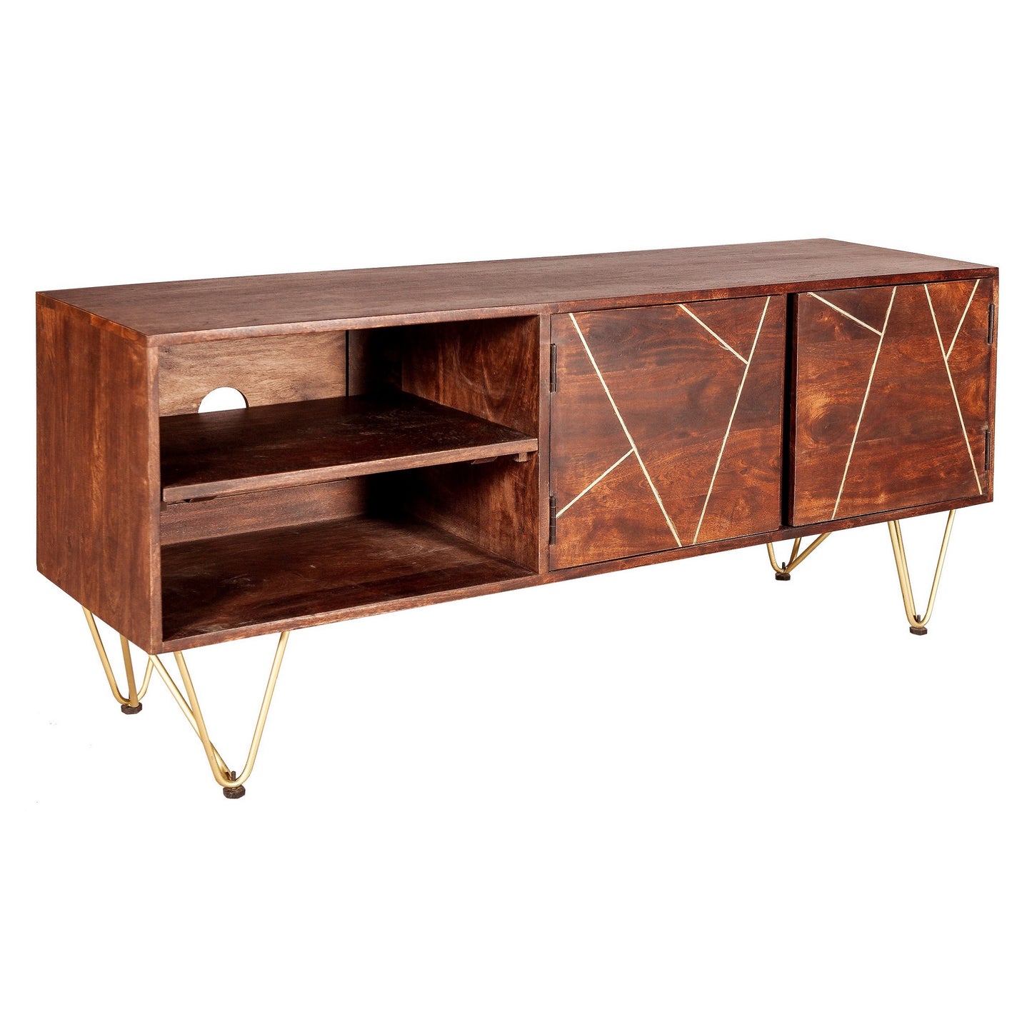 Wooden entertainment console with geometric design and gold legs on a white background