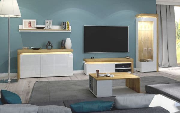 Cadillac TV Unit in Oak Effect and White High Gloss with LED lights, 2 cupboards and 1 open shelf