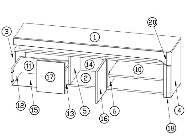 Technical drawing of a piece of furniture with labeled parts