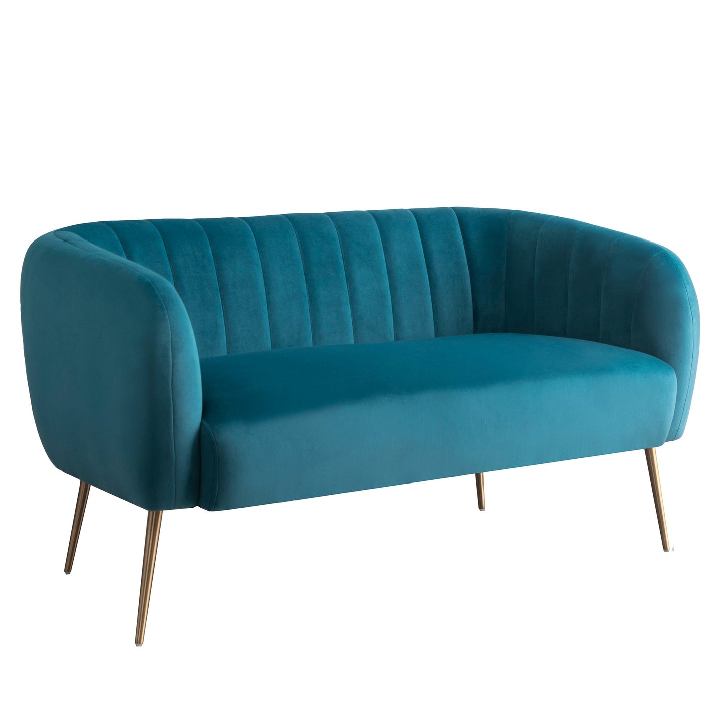 Modern teal velvet 2-seater sofa with vertical channel tufting and slim gold metal legs – stylish compact seating