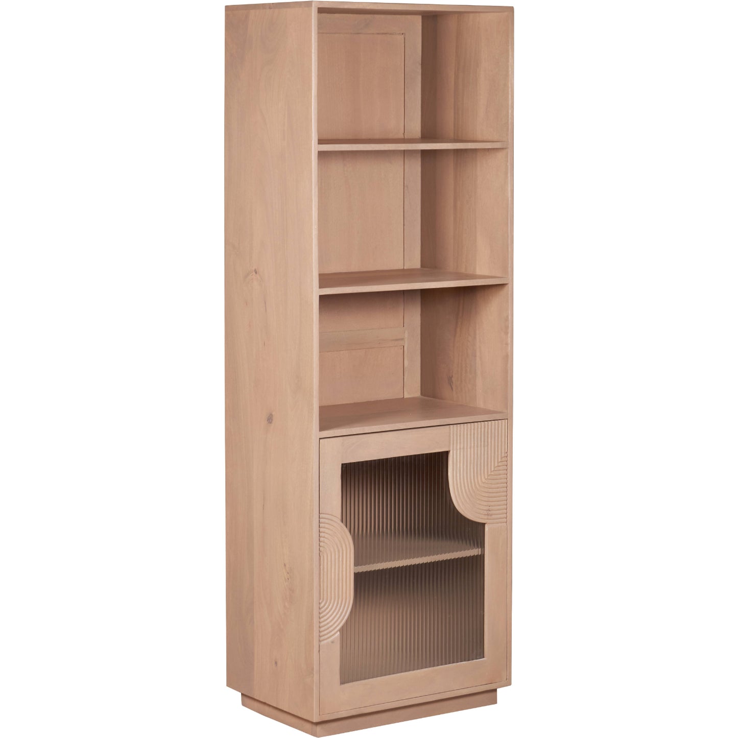 Indus tall bookcase made of solid mango wood with slatted sides and open shelving, featuring a natural finish and rustic design for modern interiors.