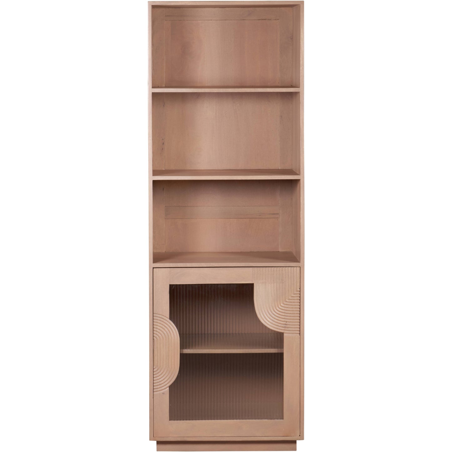 Indus tall bookcase made of solid mango wood with slatted sides and open shelving, featuring a natural finish and rustic design for modern interiors.