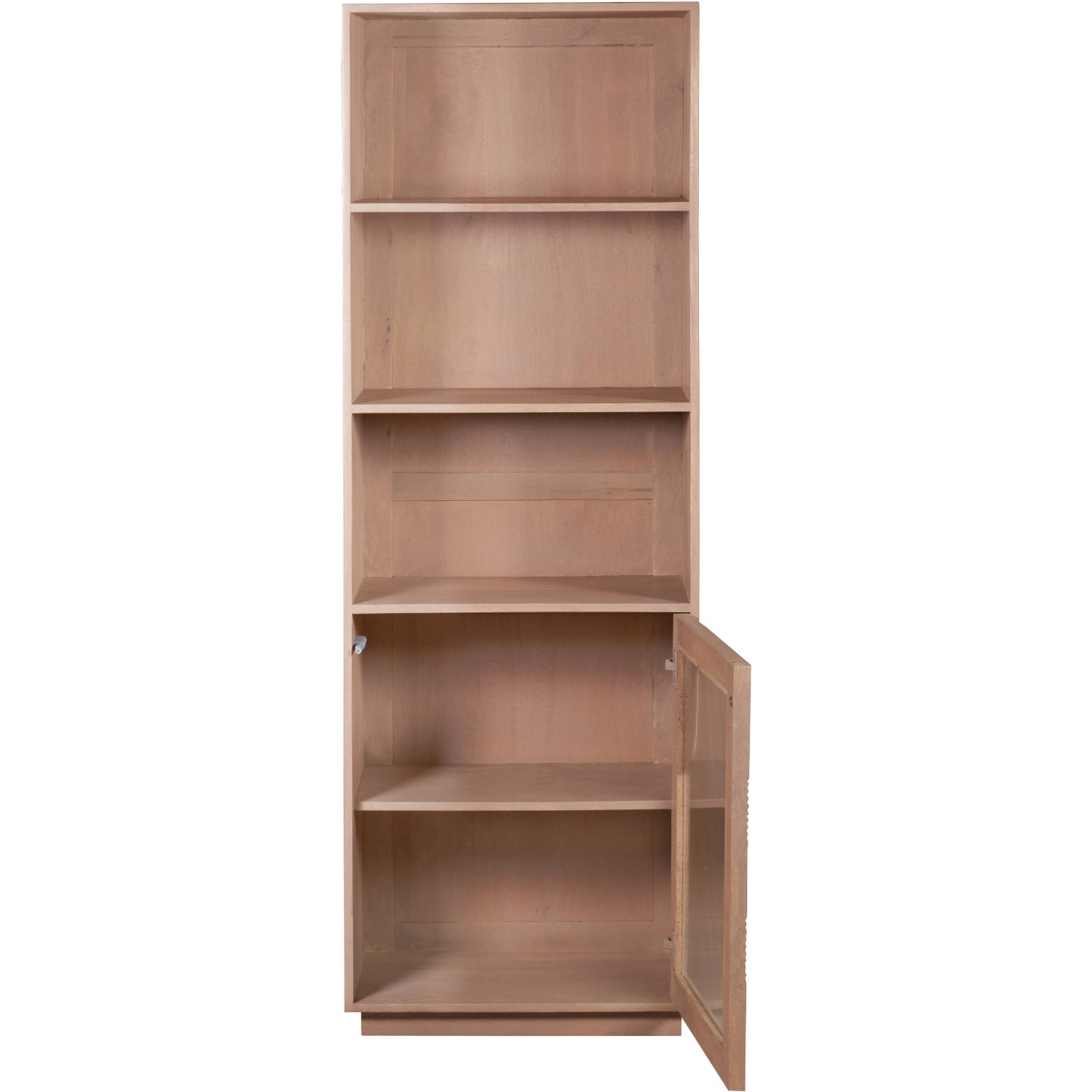 Indus tall bookcase made of solid mango wood with slatted sides and open shelving, featuring a natural finish and rustic design for modern interiors.
