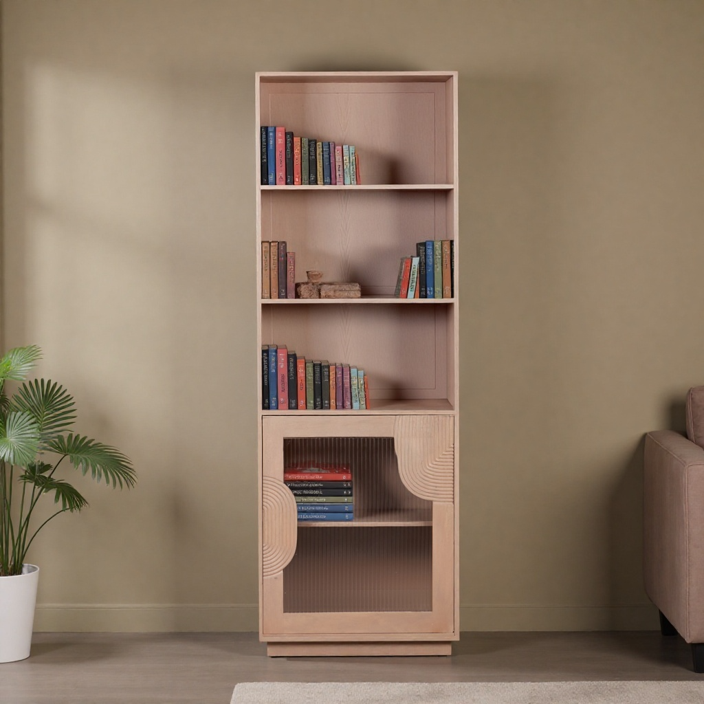 Indus tall bookcase made of solid mango wood with slatted sides and open shelving, featuring a natural finish and rustic design for modern interiors.