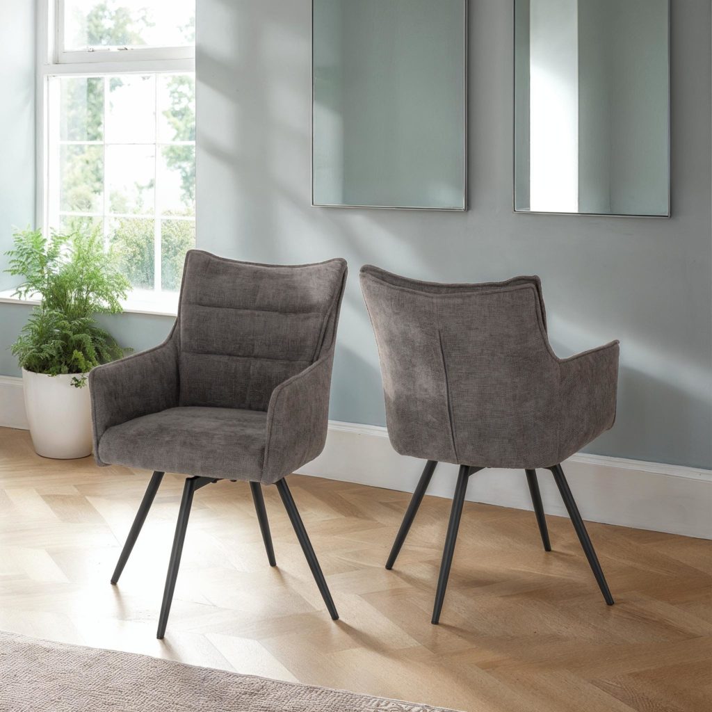 Lewis swivel dining chair in grey fabric with black legs – modern padded dining seat