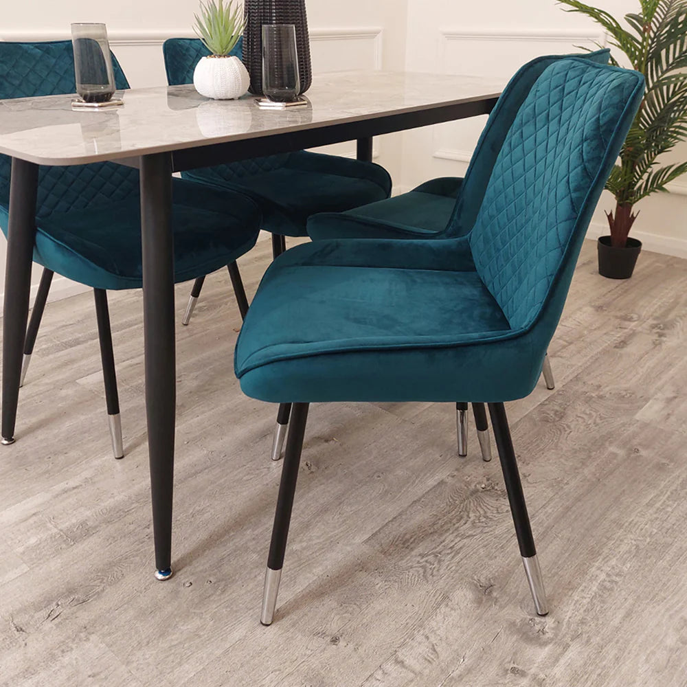 Luna Velvet Dining Chair – Navy Blue | Quilted Back with Chrome-Tipped Legs