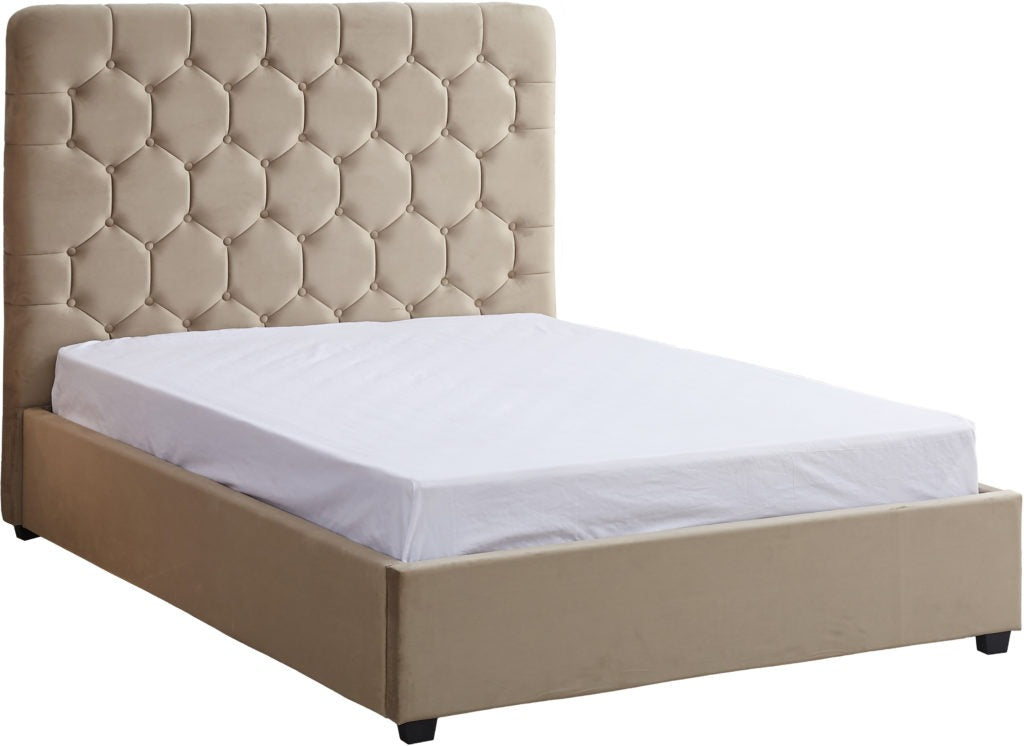 Maddison 4'6 Double Bed in Fawn Velvet with Deep Buttoned Headboard