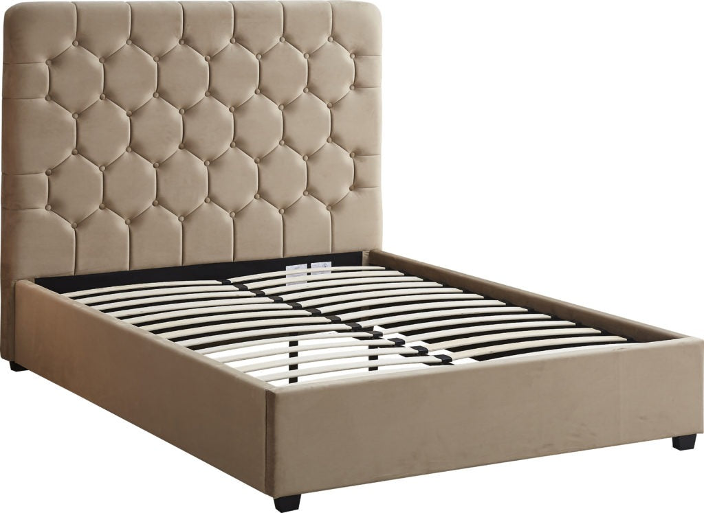 Maddison 4'6 Double Bed in Fawn Velvet with Deep Buttoned Headboard