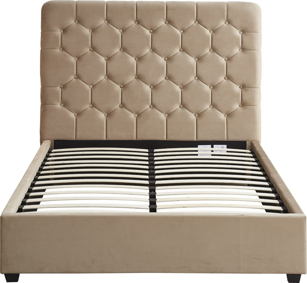 Maddison 4'6 Double Bed in Fawn Velvet with Deep Buttoned Headboard