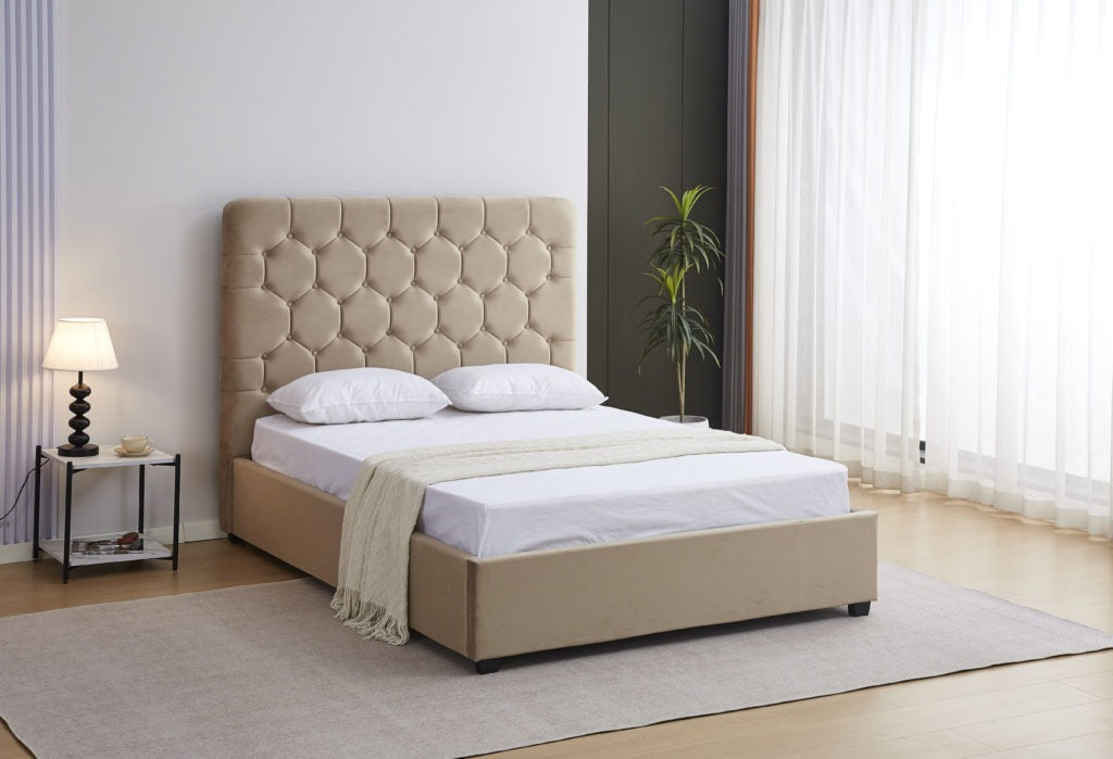 Maddison 4'6 Double Bed in Fawn Velvet with Deep Buttoned Headboard