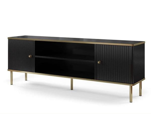Side angle of luxurious black and gold media unit for modern interiors