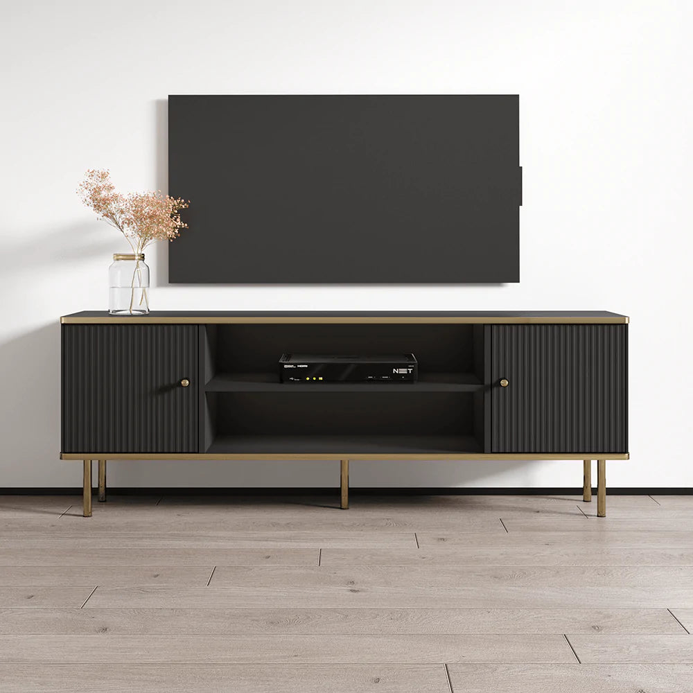 Front view of Maison black and gold TV unit with two doors and open shelf