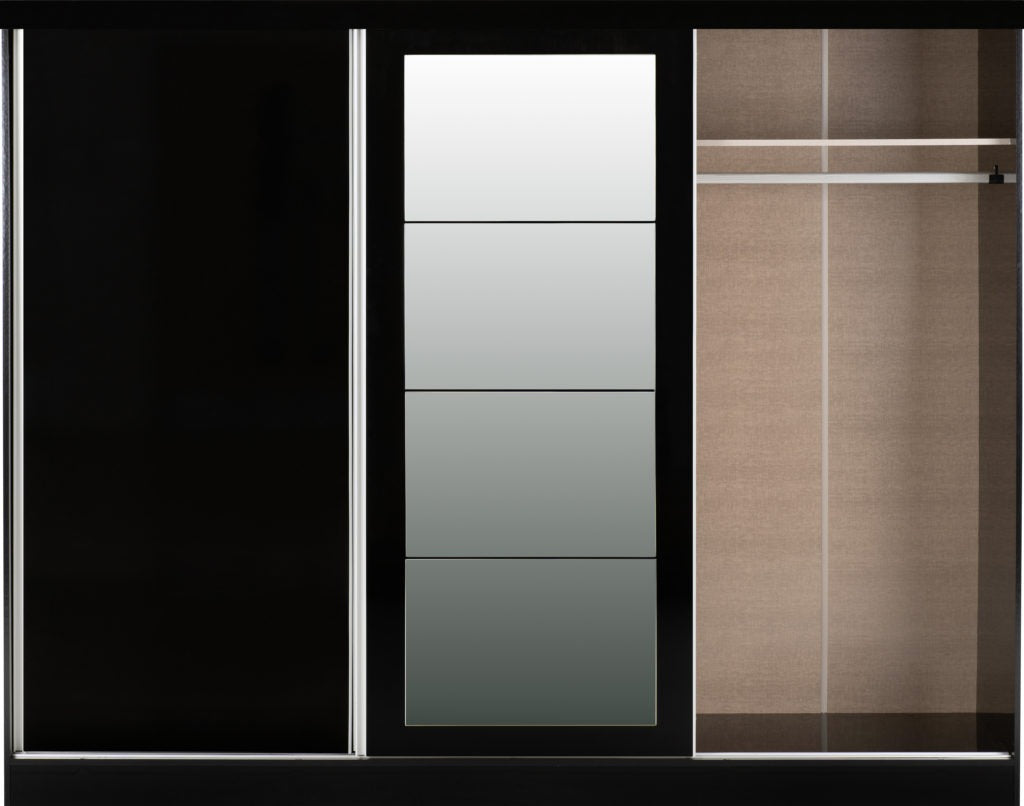 Nevada 3-door sliding wardrobe in black gloss finish with modern sleek design