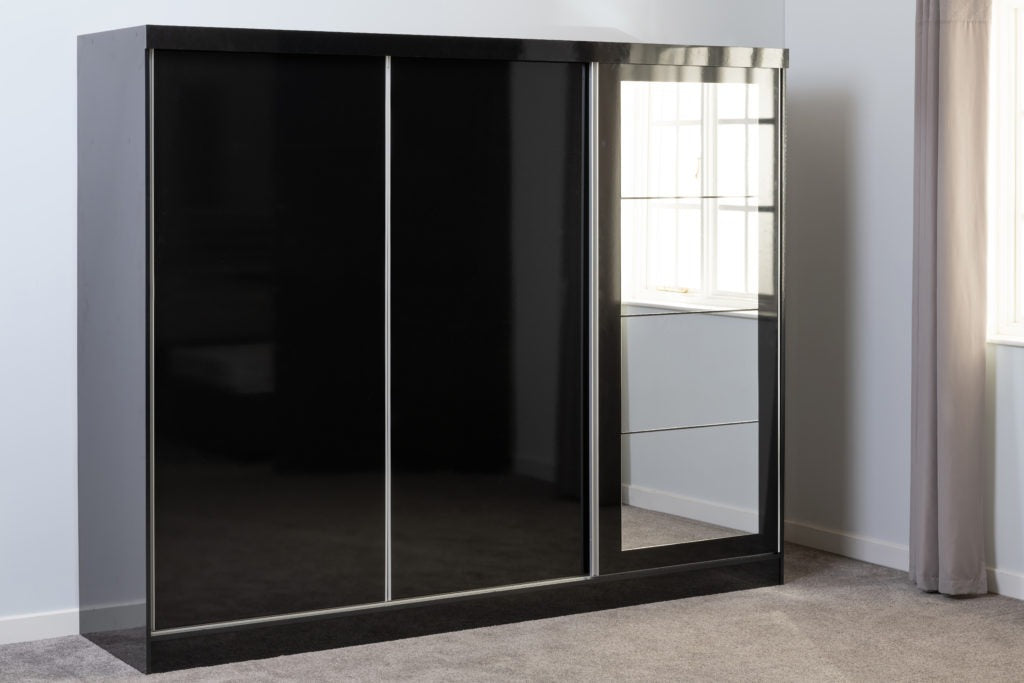 Nevada 3-door sliding wardrobe in black gloss finish with modern sleek design