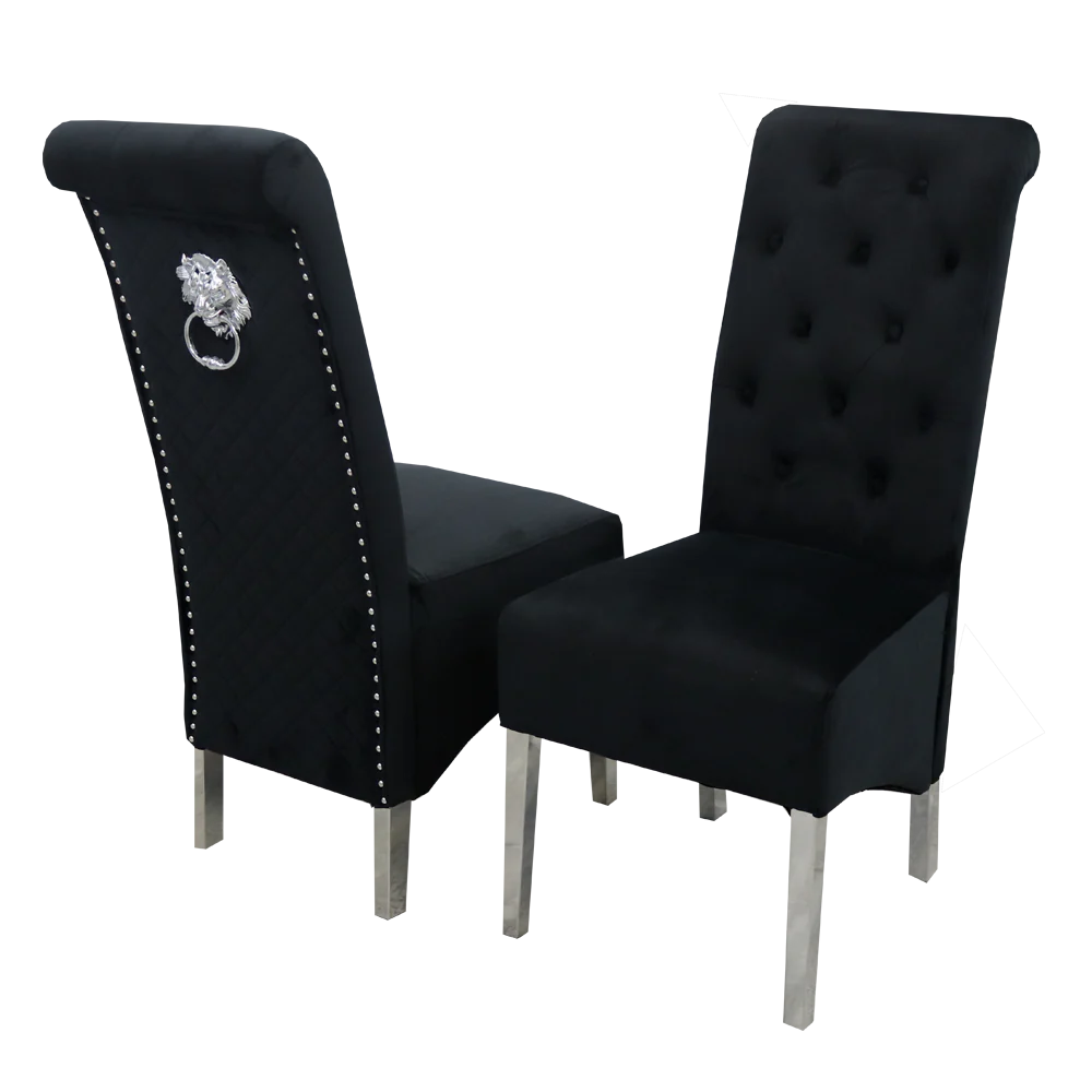 Emma Dining Chair in Cream Velvet – Chrome Lion Knocker, Quilted Back & Scroll Top
